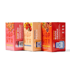 HOPWTR Flavor Faves 36-pack boxes in Ruby Red Grapefruit, Peach, and Blood Orange