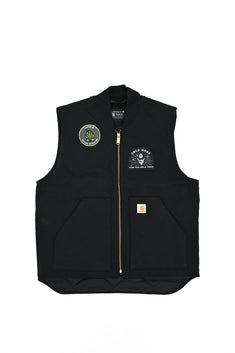 Front view of black HOPWTR x Stone Brewing Carhartt vest with embroidered patches