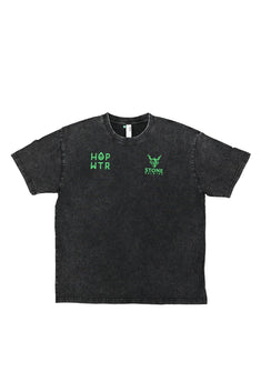 Front view of black HOPWTR x Stone Brewing tee with green chest logos