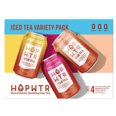 HOPWTR Iced Tea Variety 12-pack box featuring Iced Tea & Lemonade, Raspberry Iced Tea, and Peach Iced Tea