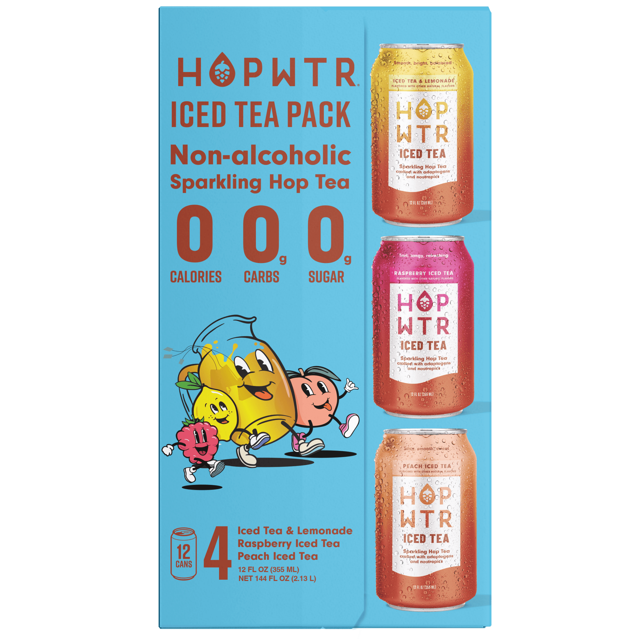 Side view of HOPWTR Iced Tea Variety 12-pack box showing three flavors and zero-calorie callouts